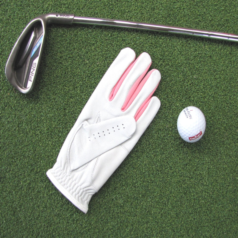 3 X Ladies Golf Glove, Gabretta White Leather with Pink Left or Right Hand