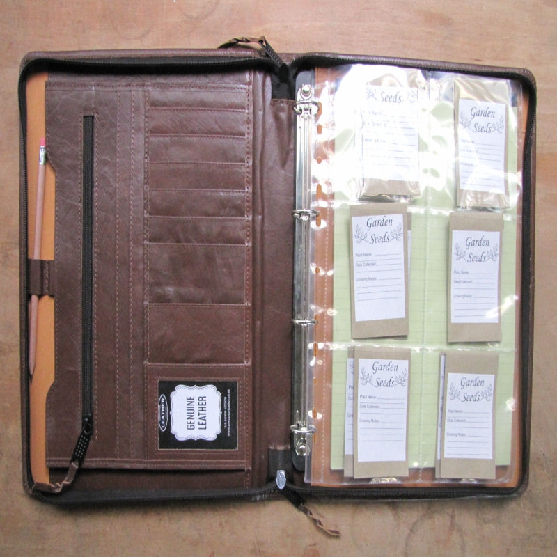 Brown Leather Gardening Seed Document Portfolio, Secatures & Gardening Gloves