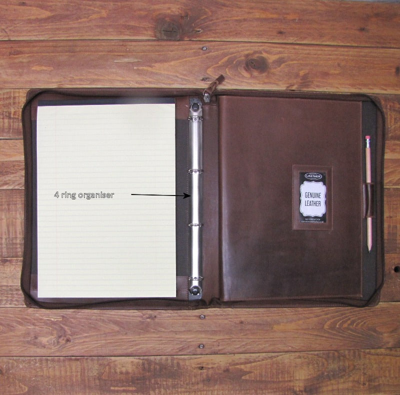 Left Hand Brown Leather A4 Folder Organiser Portfolio 4 Ring Organiser