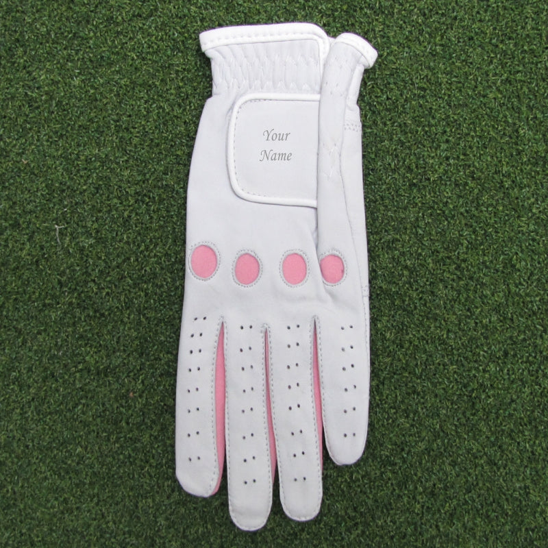 Ladies Golf Glove, Gabretta White Leather with Pink Left or Right Hand