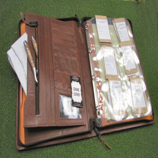Brown Leather Gardening Seed Document Portfolio, Secatures & Gardening Gloves